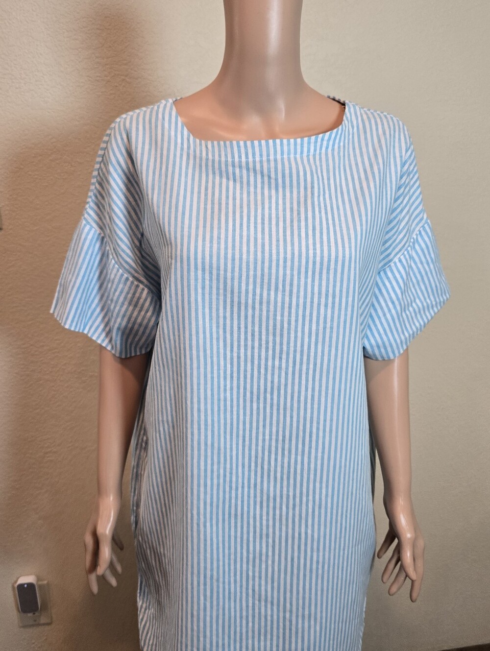 La Relaxed Cotton And Linen Dress Striped Blue/white Size Large - Picture 3 of 11